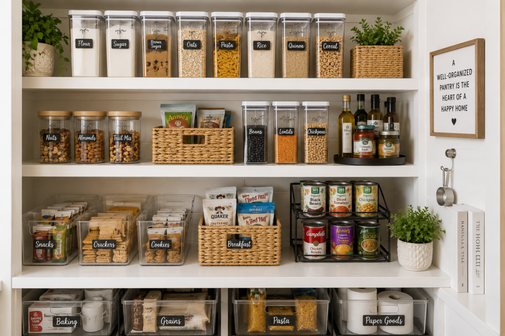 Organized pantry shelves with clear storage containers, labeled bins, baskets, and pantry essentials.