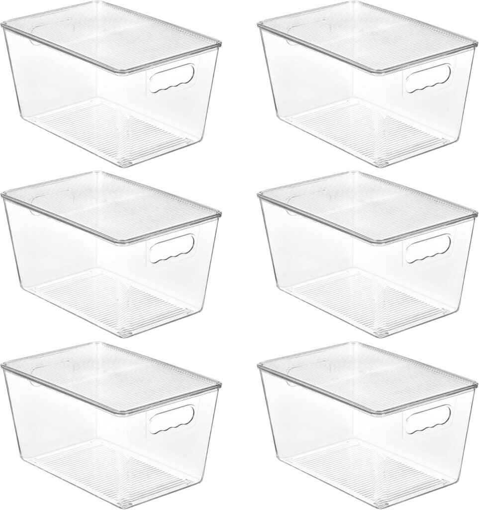 Clear stackable pantry storage bins with lids and handles