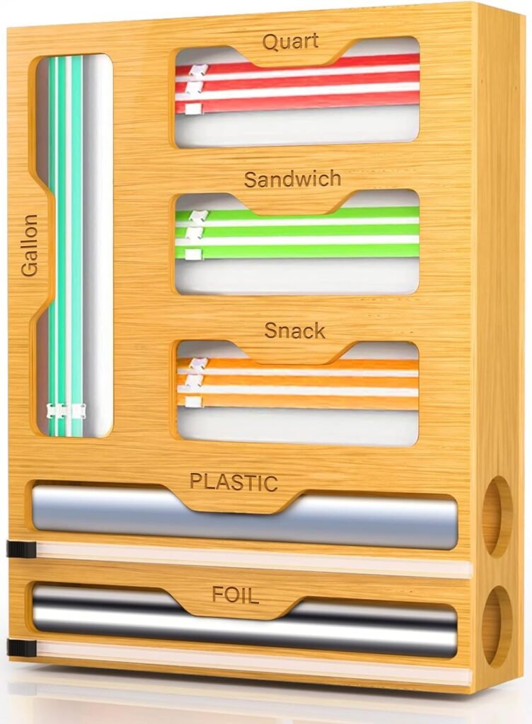 Bamboo drawer organizer for food storage bags, plastic wrap, and aluminum foil