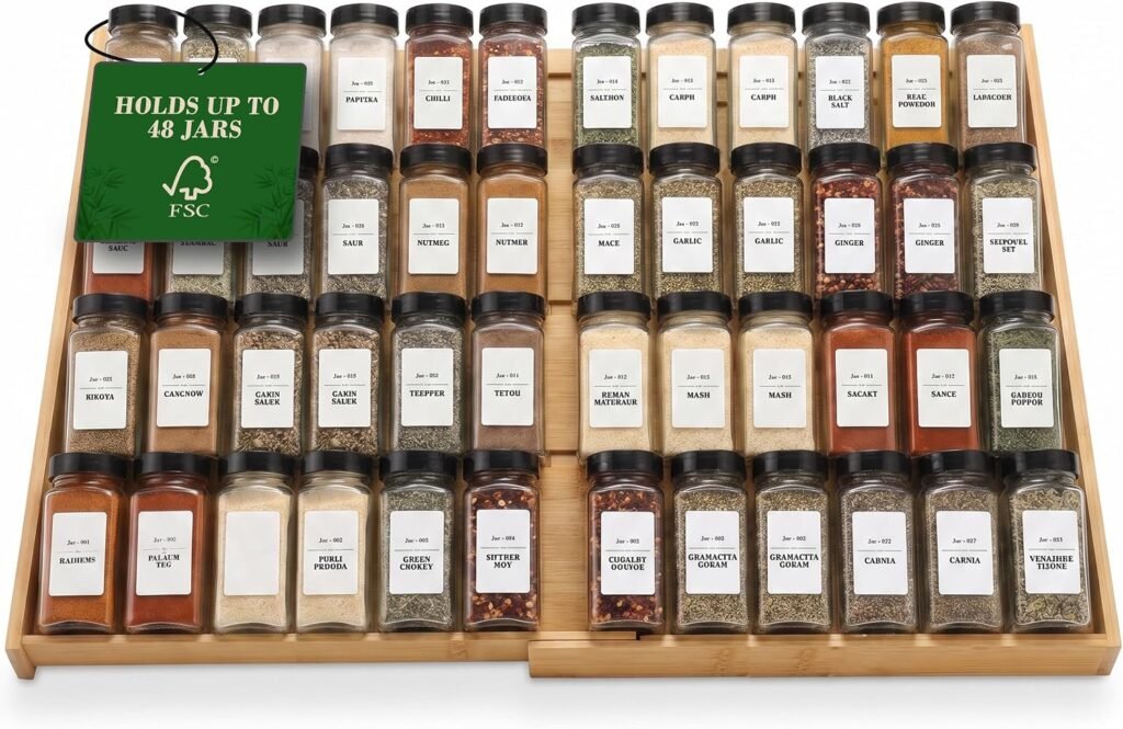 Expandable bamboo spice drawer organizer with four tiers for spice jars