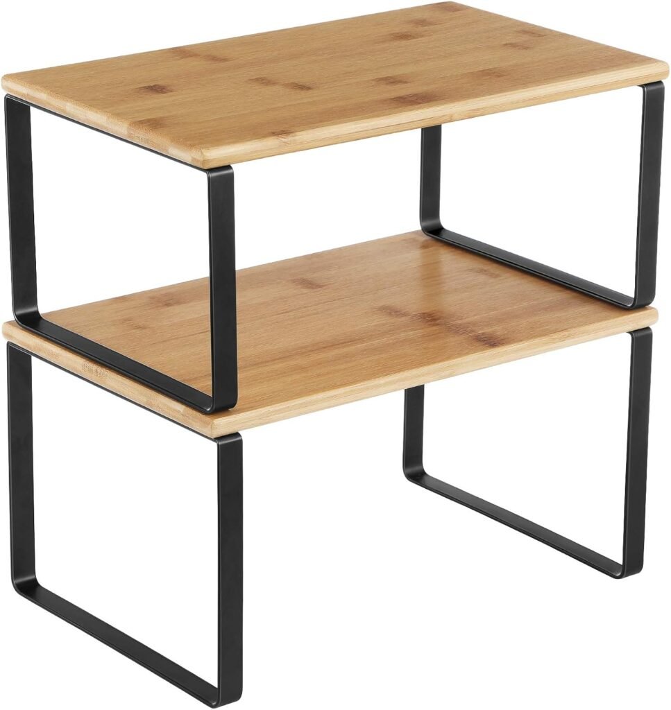 Stackable bamboo shelf risers for extra kitchen cabinet storage