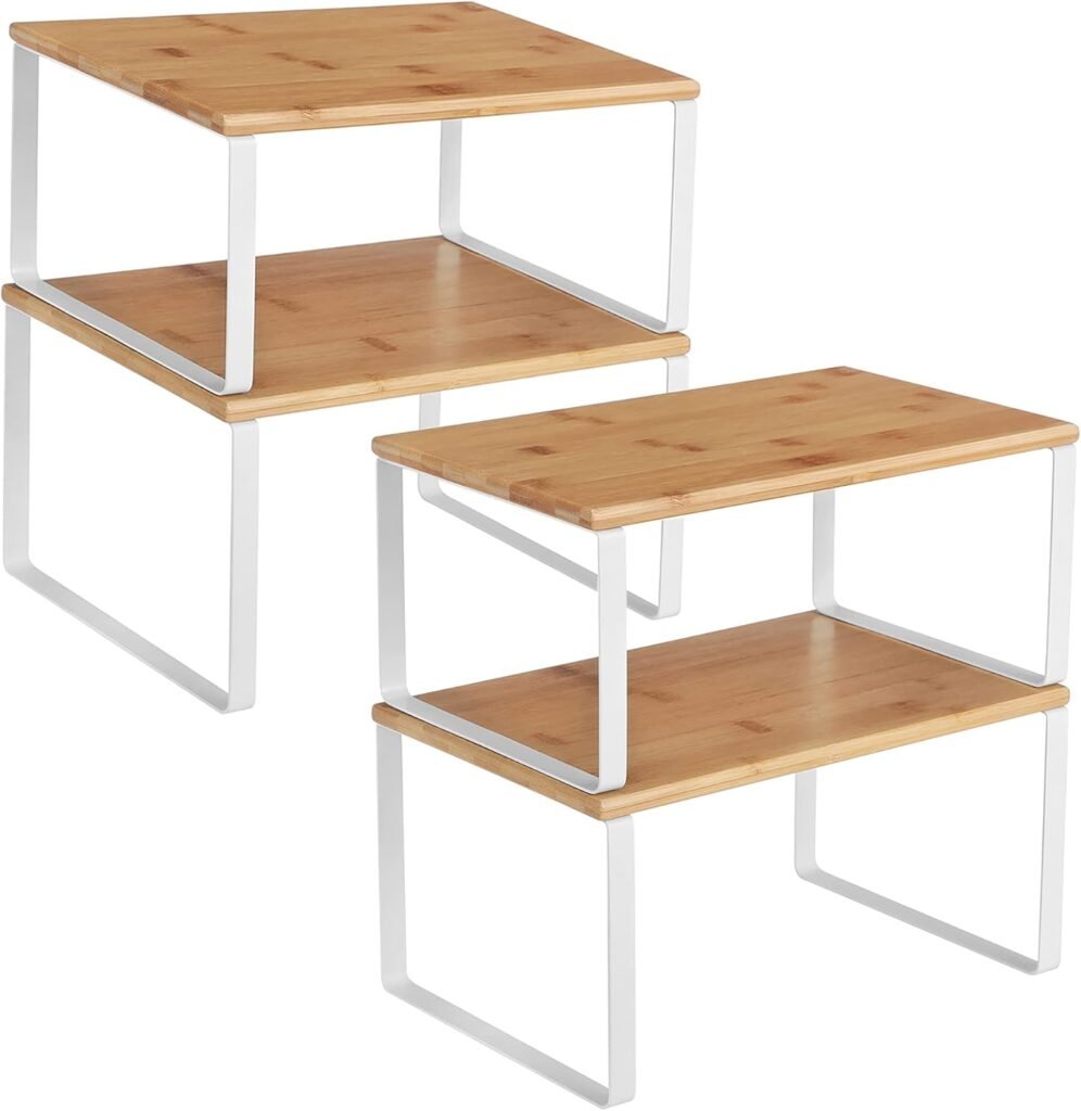 Stackable bamboo cabinet shelf organizers for vertical kitchen storage