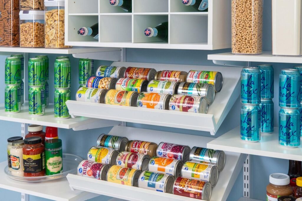 Can dispenser organizer storing canned goods on pantry shelf