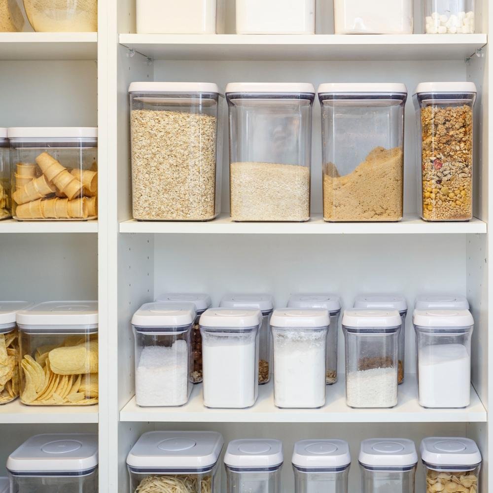 Airtight pantry storage containers with dry food ingredients