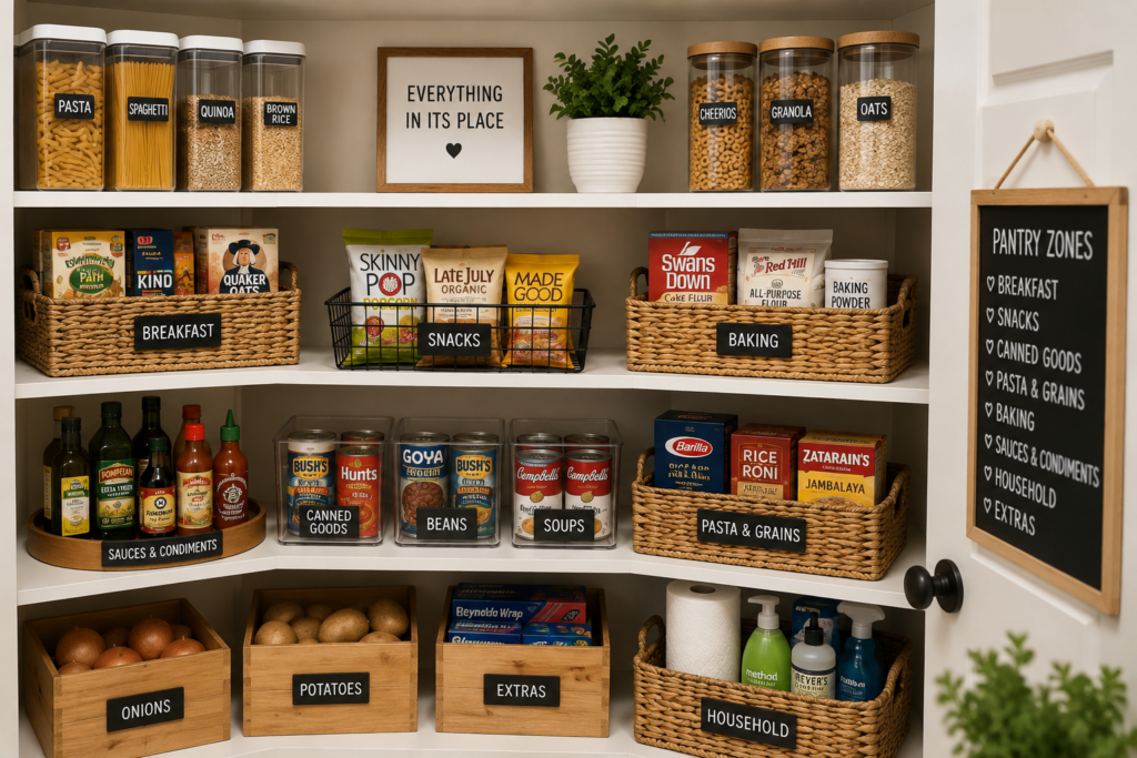 Organized pantry divided into labeled zones for breakfast, snacks, baking supplies, canned goods, grains, and household essentials