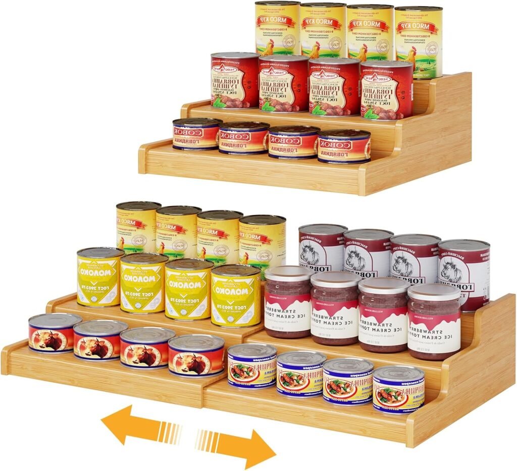 Expandable 3-tier bamboo can rack organizer displaying canned goods for easy pantry storage
