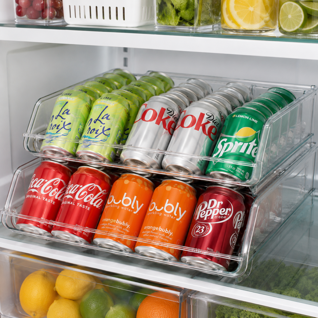 Refrigerator beverage can dispenser with soda and sparkling water