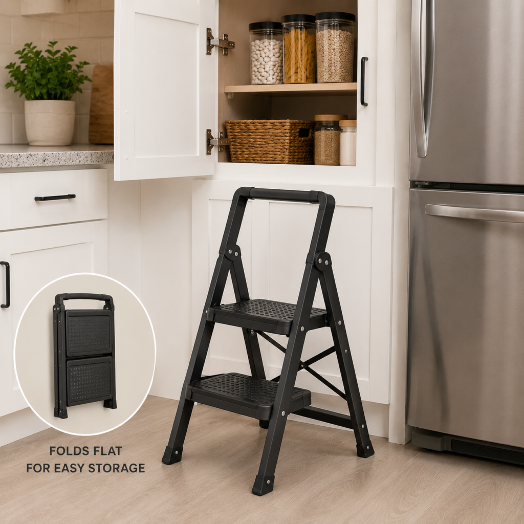 Foldable kitchen step stool for reaching high cabinets