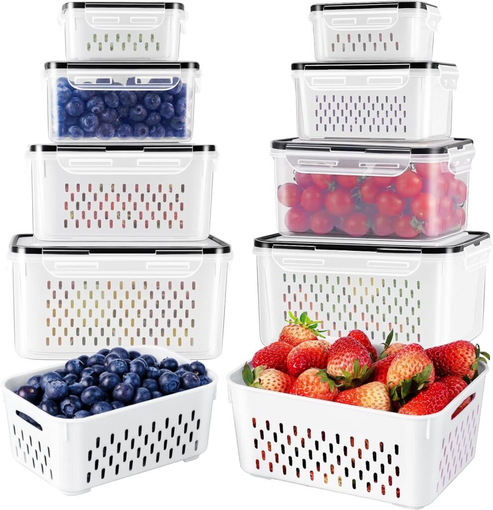 Clear produce storage containers with removable colanders for organizing fruits and vegetables in the refrigerator