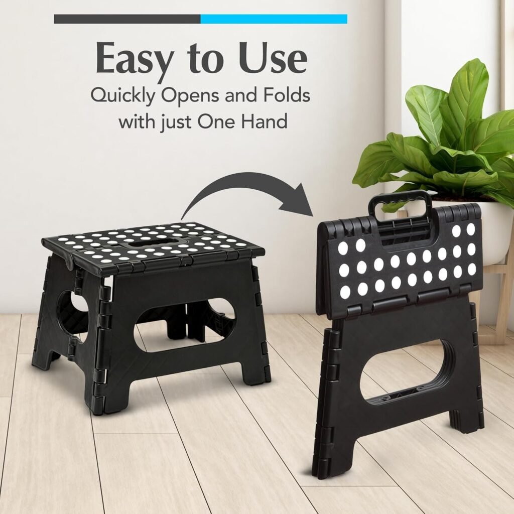 Black foldable step stool with non-slip surface for reaching high kitchen cabinets and pantry shelves