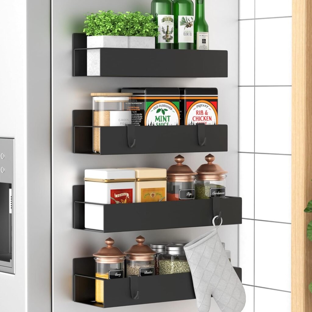 Black magnetic refrigerator shelves for organizing spices, seasonings, and kitchen essentials