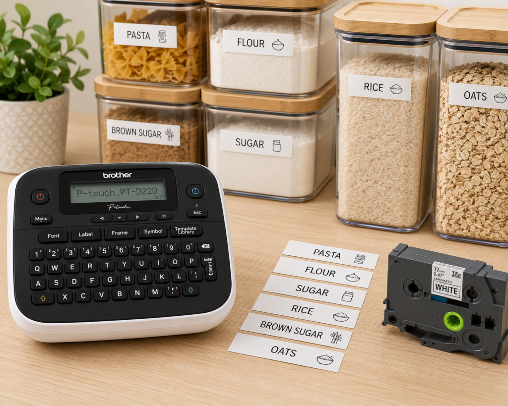 Label maker with labeled pantry storage containers