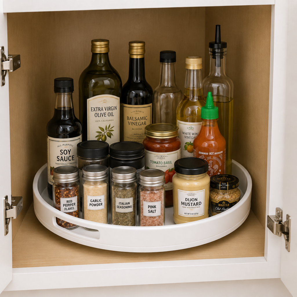 Lazy Susan turntable organizing oils and spices in cabinet