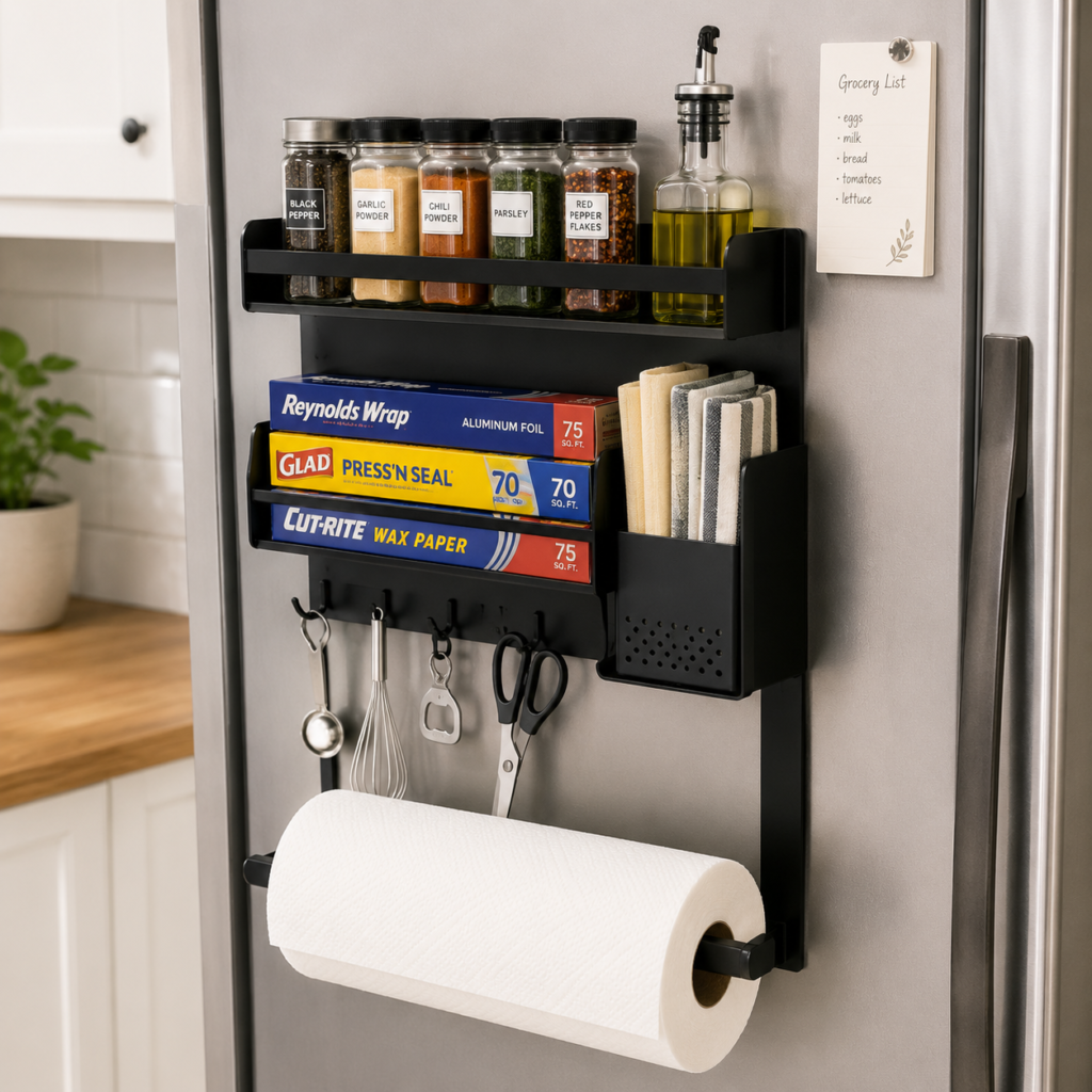 Magnetic refrigerator shelf holding spices and paper towels