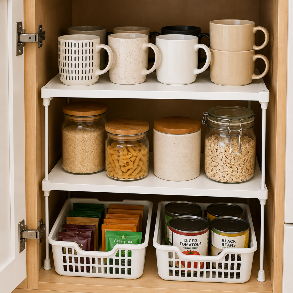 Stackable cabinet shelf organizer with mugs and pantry items