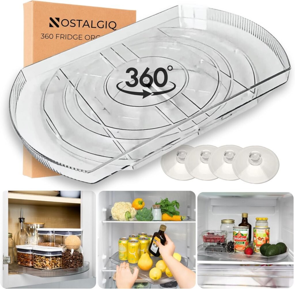 Clear rotating refrigerator Lazy Susan organizer for condiments, sauces, jars, and bottles
