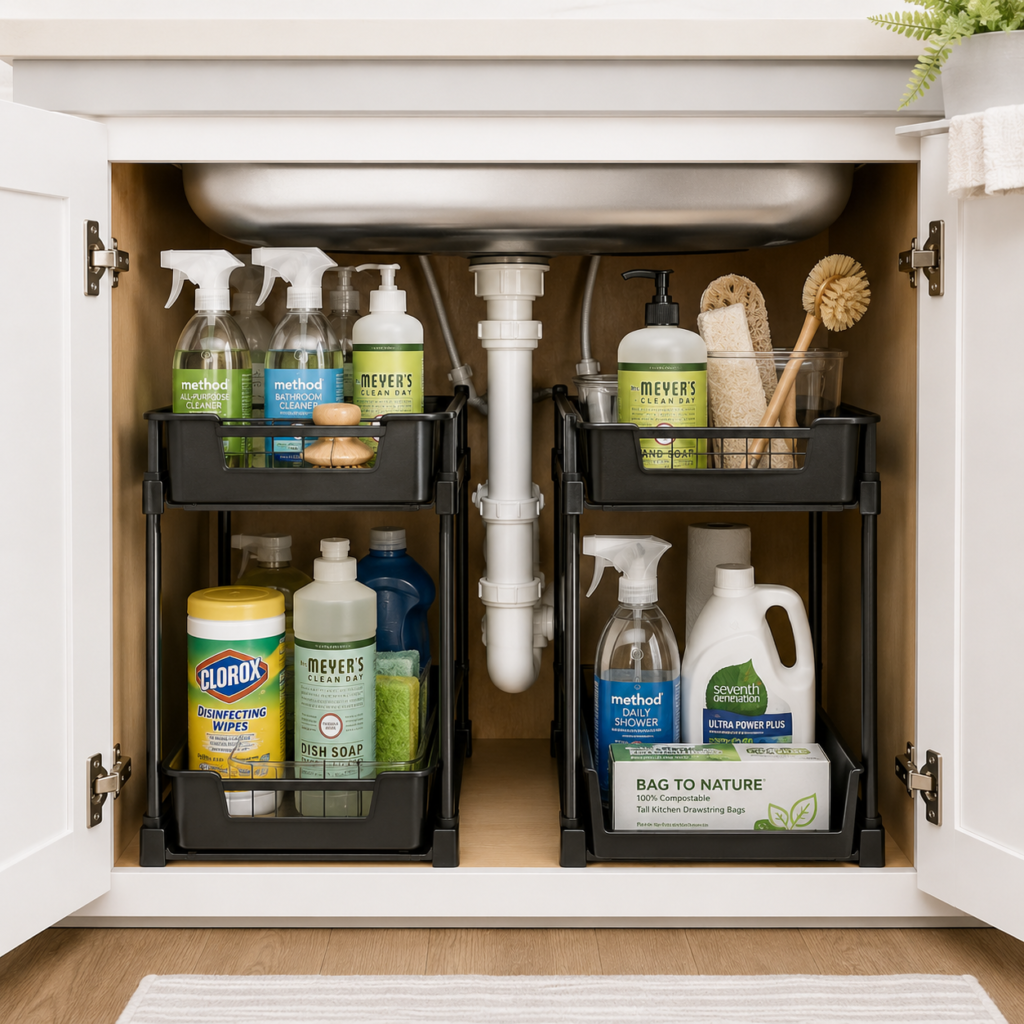 Two-tier under-sink organizer with cleaning supplies