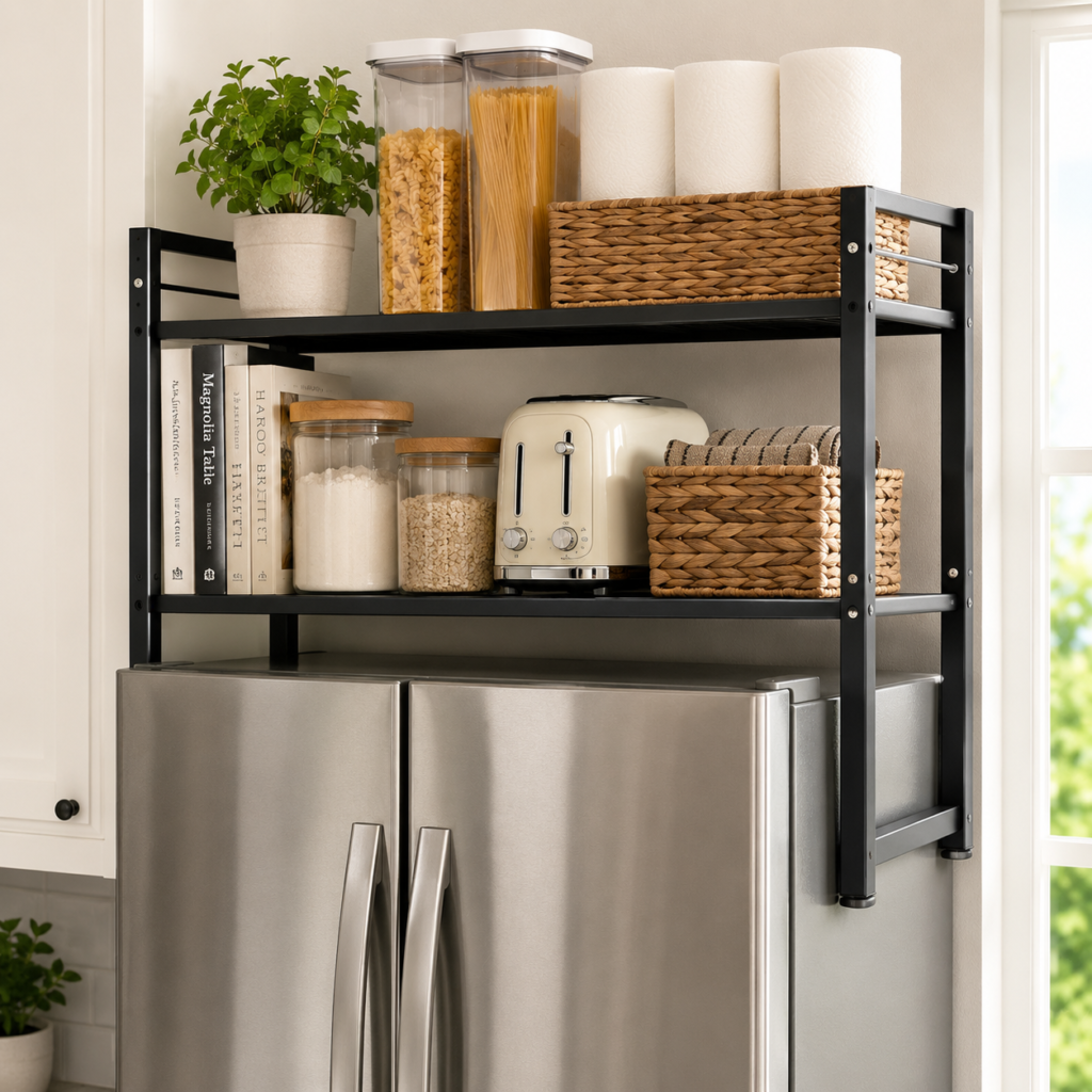 Over-the-refrigerator storage shelf with kitchen essentials