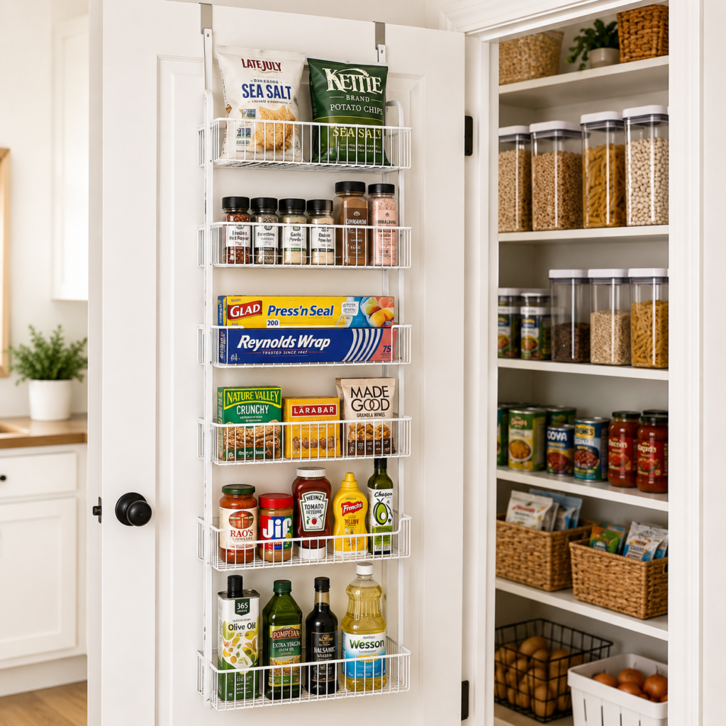 Over-the-door pantry organizer with spices and pantry essentials