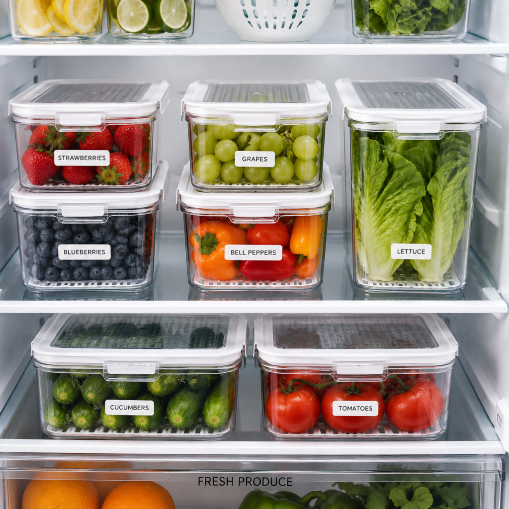 Produce storage containers with fresh fruits and vegetables