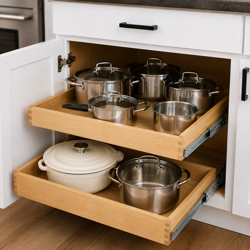 Pull-out cabinet shelves with pots and cookware