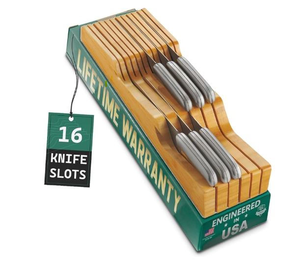 Bamboo in-drawer knife organizer with 16 slots for kitchen knives