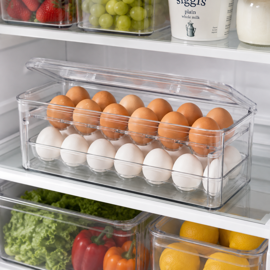 Clear refrigerator egg holder organizer with fresh eggs