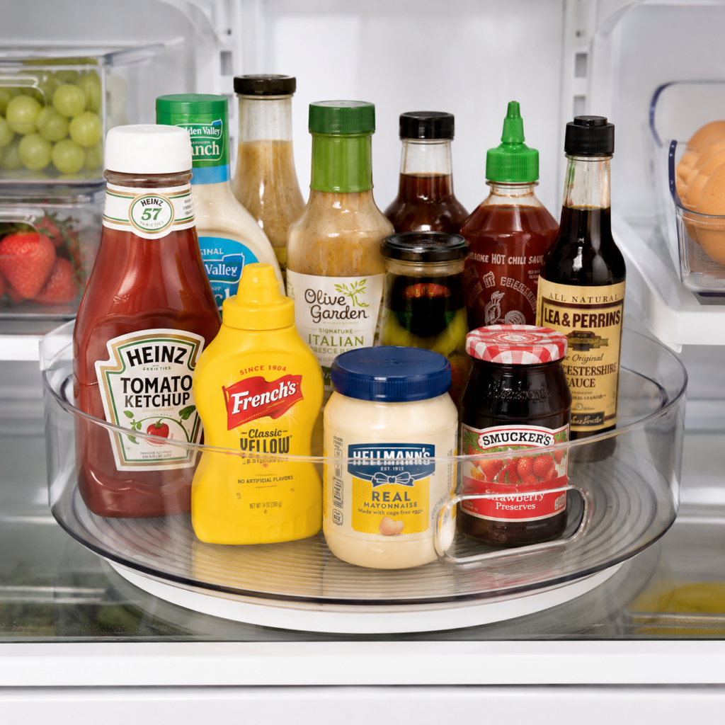 Refrigerator Lazy Susan with condiments and sauces