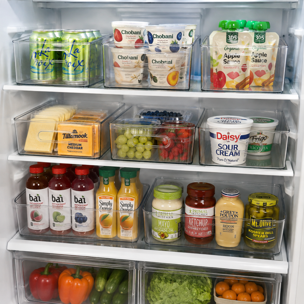 Clear refrigerator storage bins organizing drinks and produce