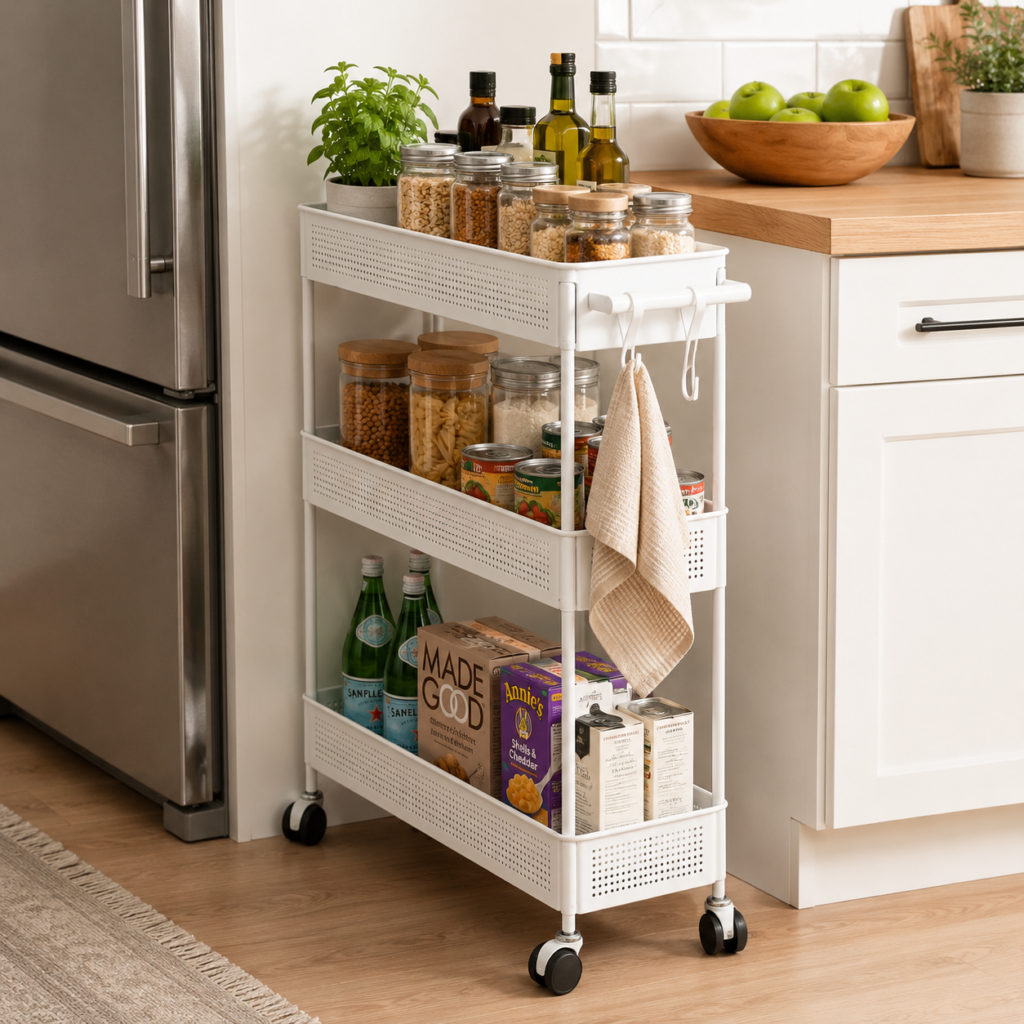 Slim rolling utility cart between refrigerator and cabinet
