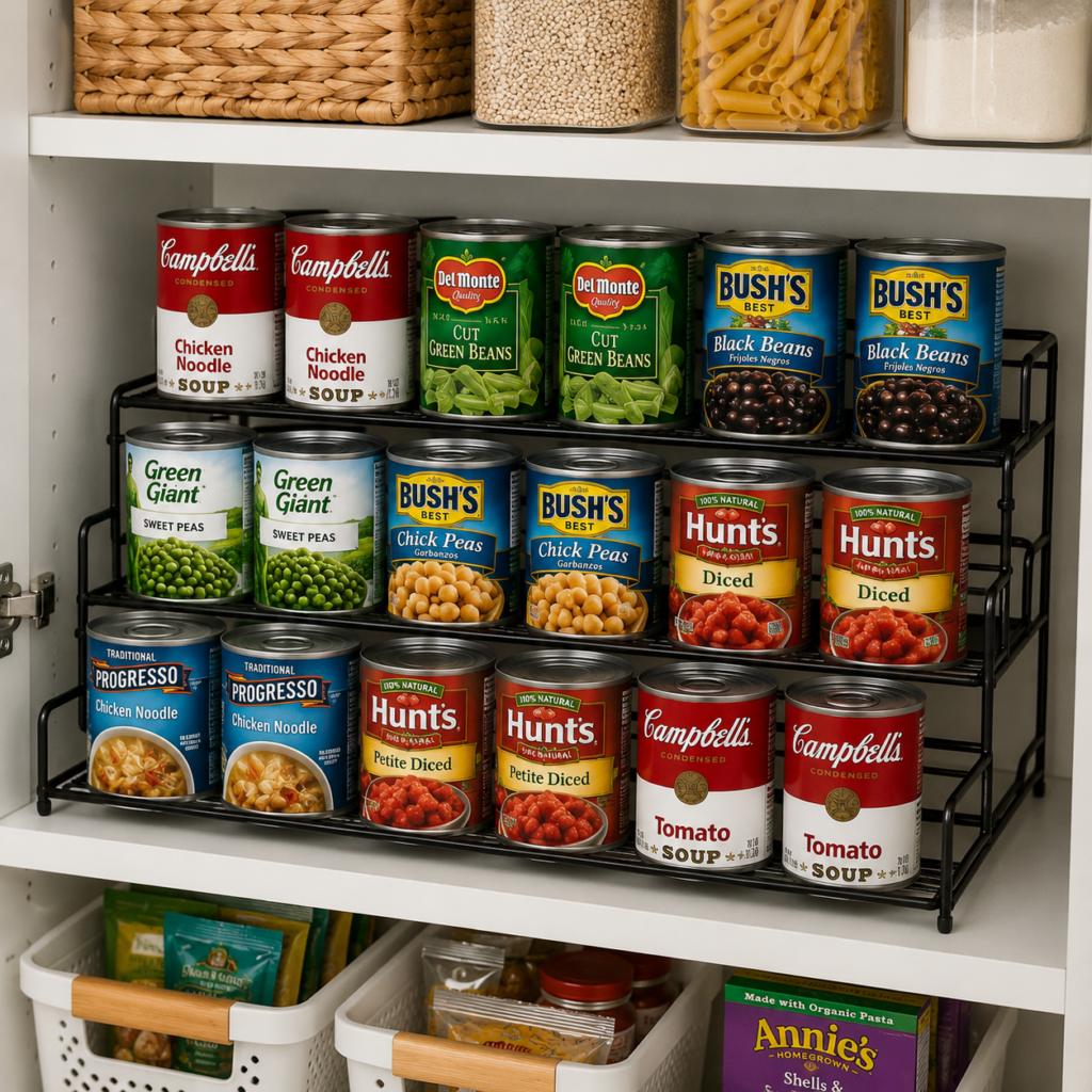 Tiered can rack organizer displaying canned food labels