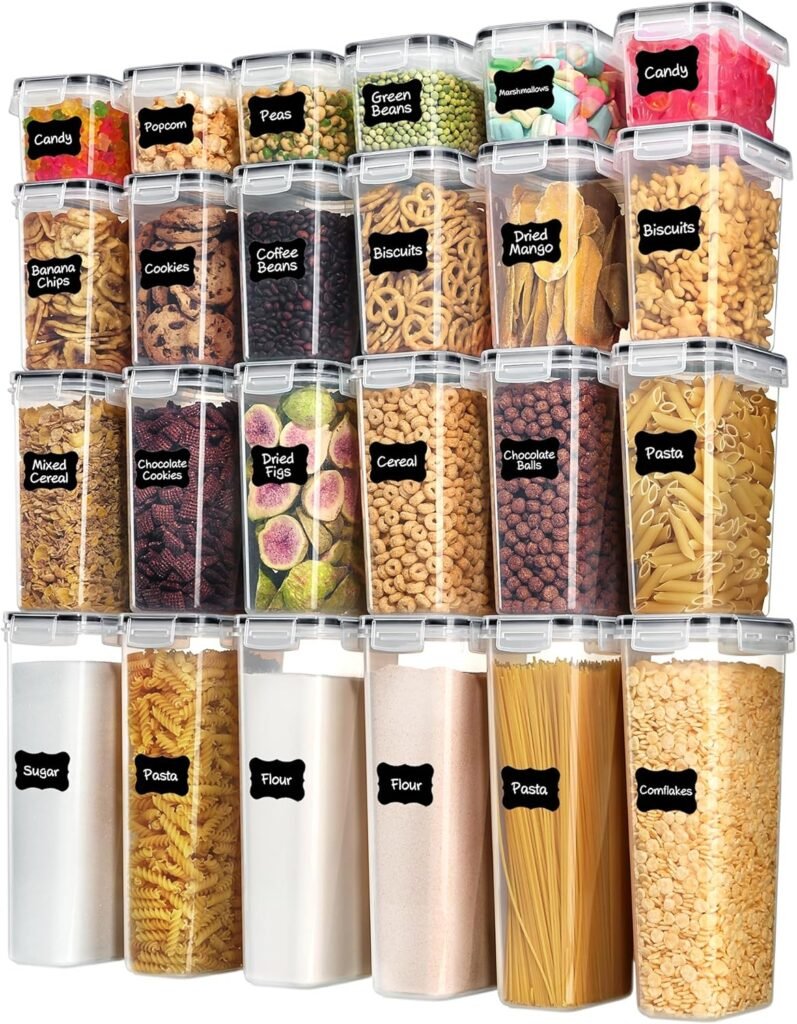 Clear airtight food storage containers with labels for pantry organization