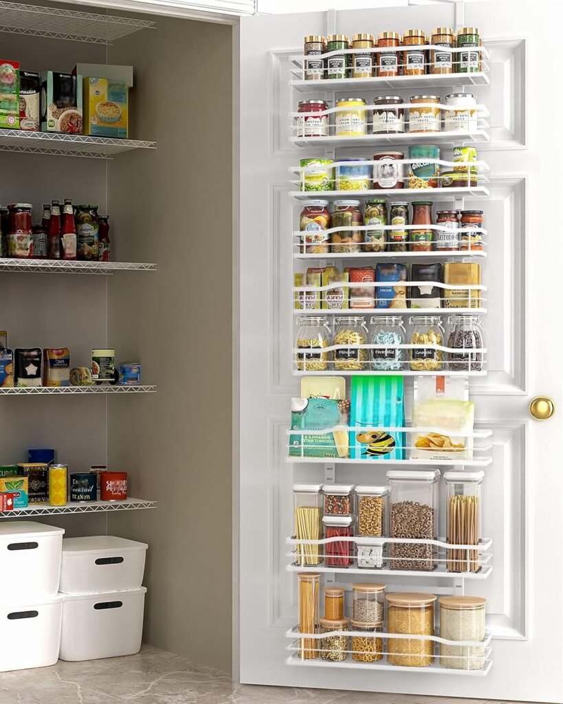 9-tier over-the-door pantry organizer holding spices, snacks, bottles, and pantry essentials