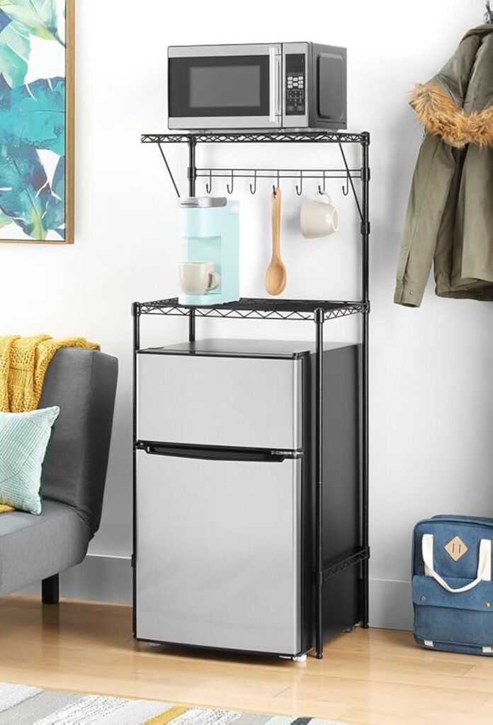 Black over-the-refrigerator storage shelf with microwave shelf and hanging hooks