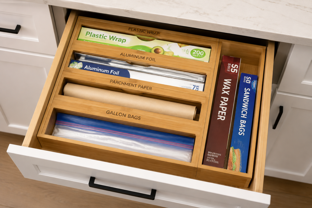 Bamboo wrap and foil drawer organizer with kitchen wraps