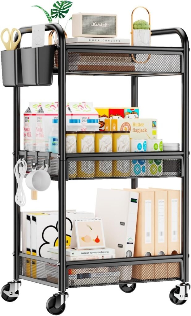 Black three-tier rolling utility cart with wheels for extra kitchen storage