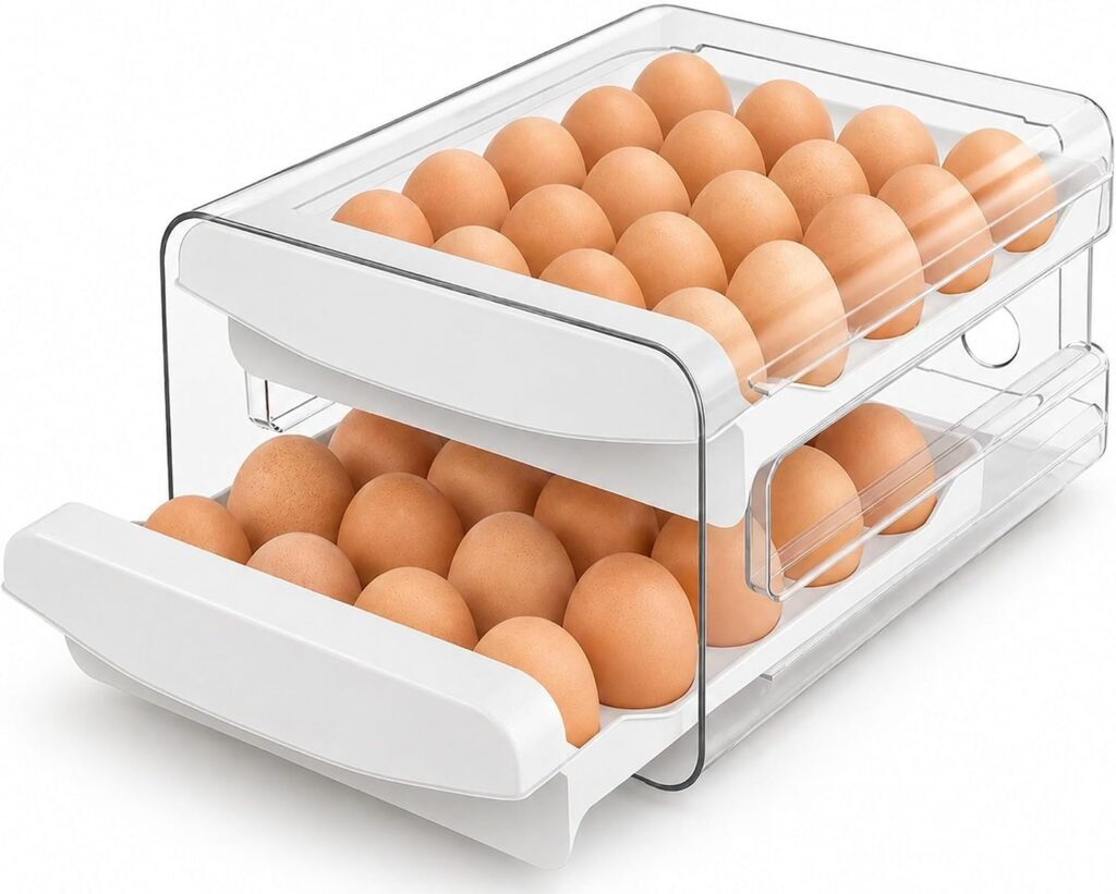 Two-tier refrigerator egg holder organizer with clear pull-out drawers for storing up to 40 eggs