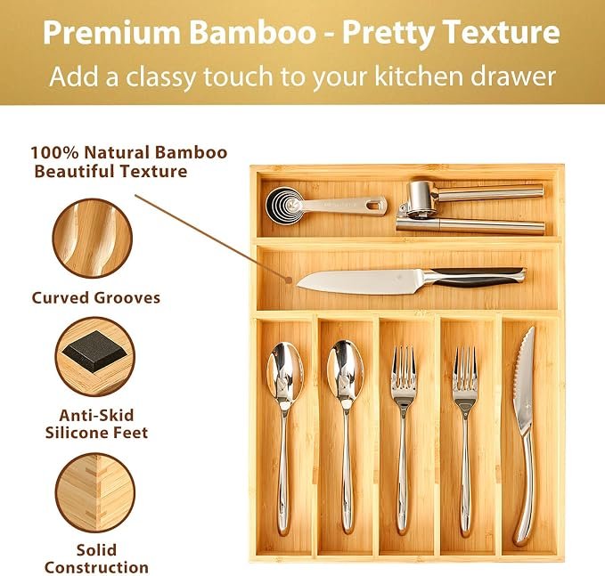 Bamboo kitchen drawer organizer with compartments for utensils and cooking tools
