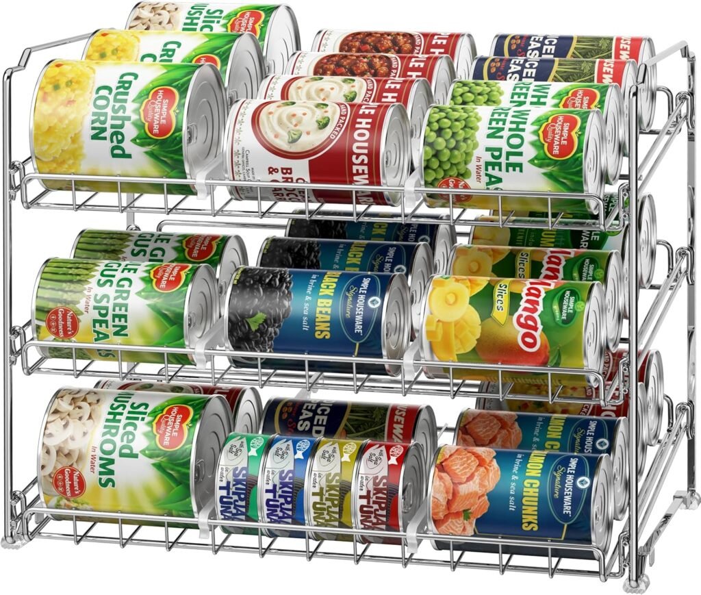 3-tier can dispenser organizer holding assorted canned goods for organized pantry storage