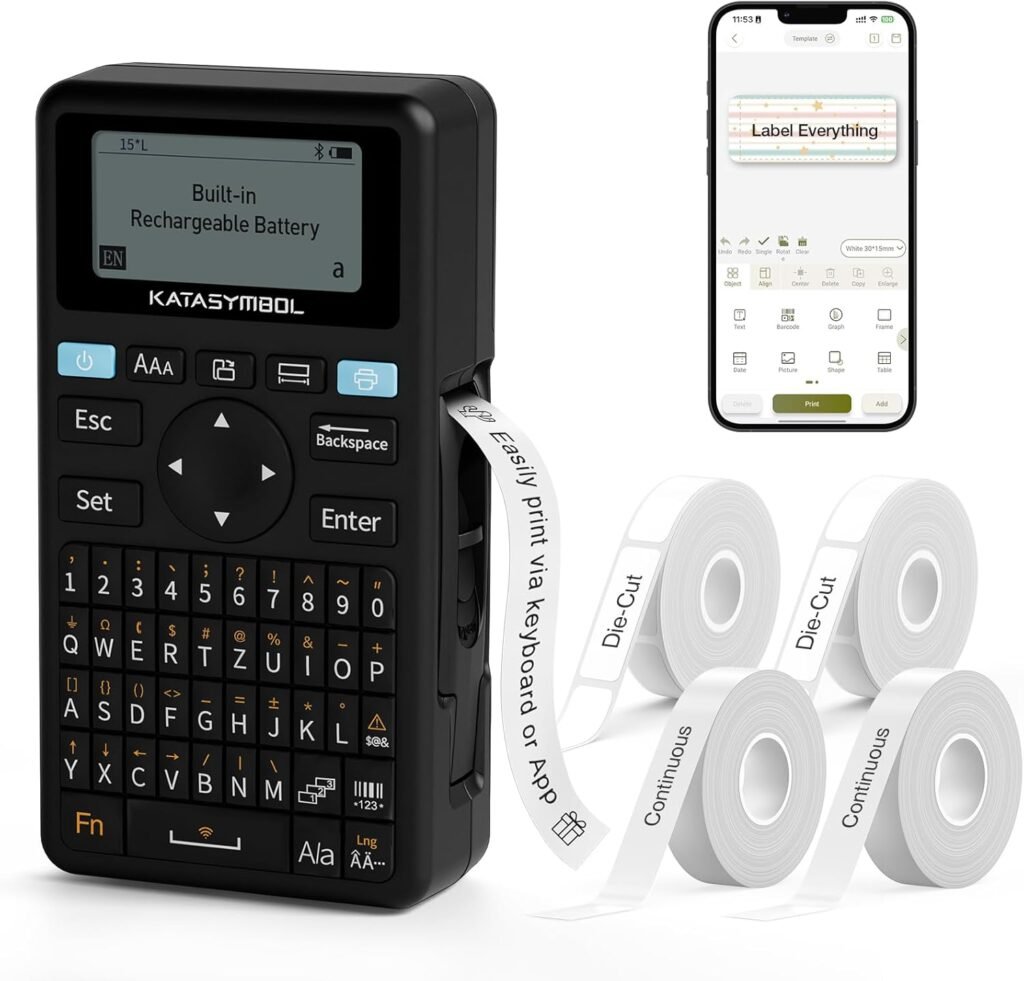 Black Bluetooth label maker with four label tape rolls for organizing pantry containers, bins, shelves, and kitchen storage