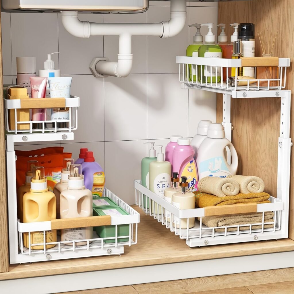 Two-tier pull-out under-sink organizer for kitchen cleaning supplies