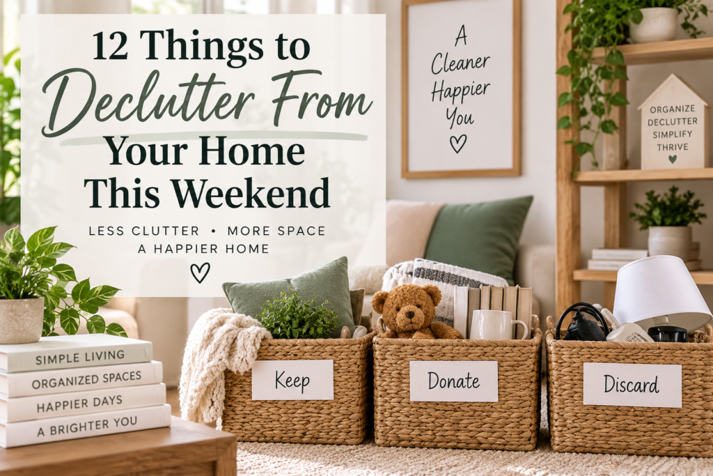 Decluttering baskets for keeping, donating, and discarding household items