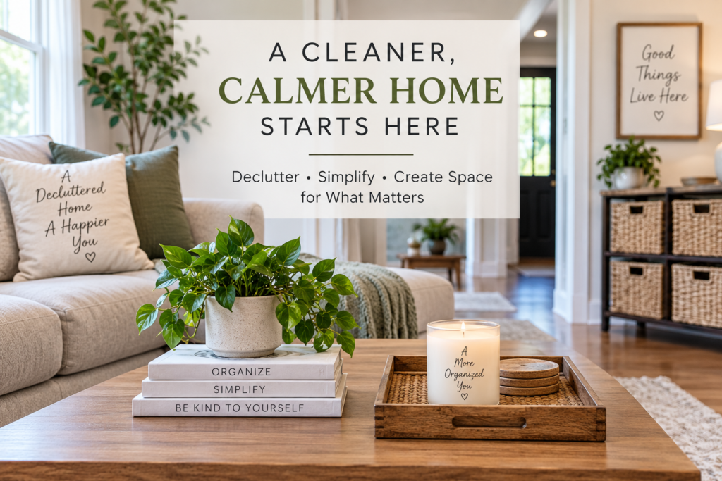 Calm organized living room with baskets and simple storage solutions for a clutter-free home