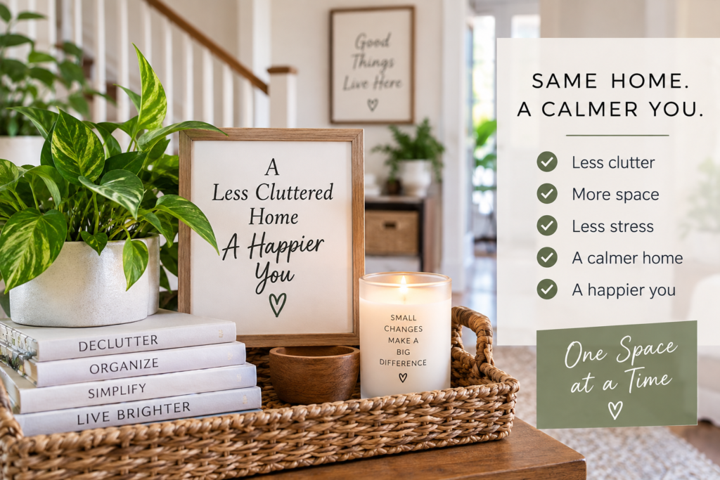Organized, clutter-free home with plants and decor illustrating the benefits of creating a calmer home one space at a time.