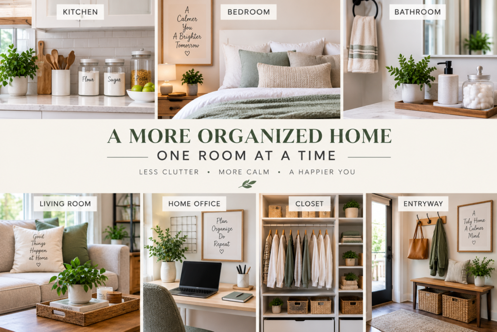 Organized kitchen, bedroom, bathroom, living room, home office, closet, and entryway