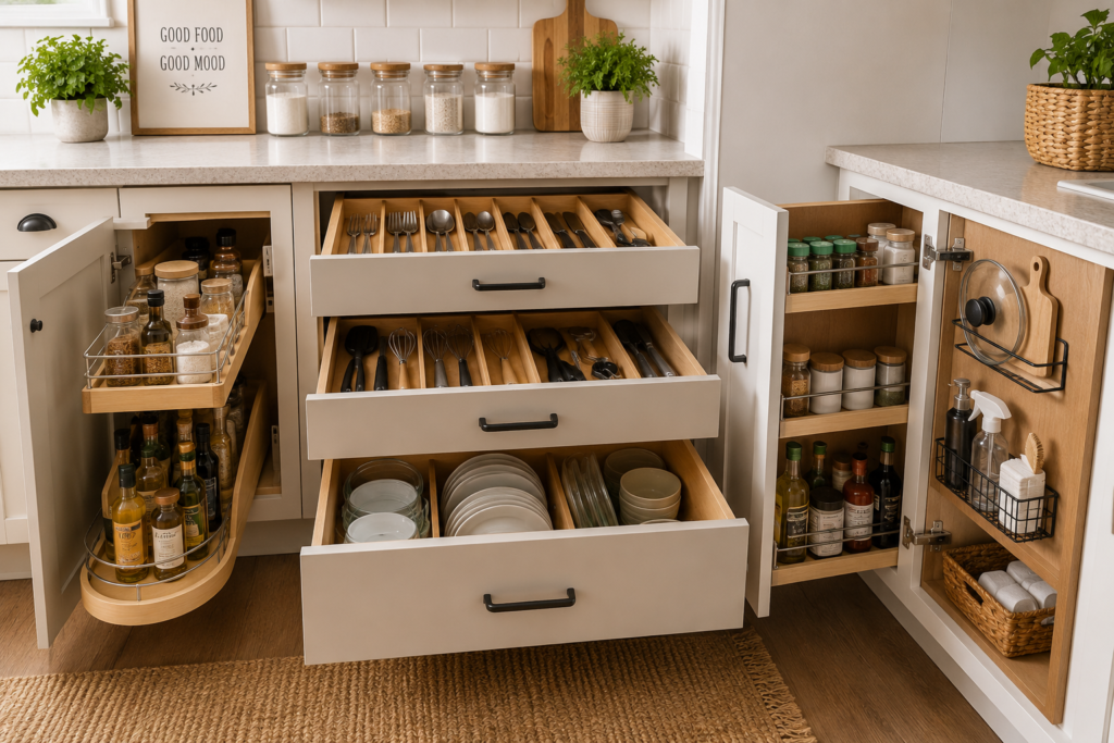 Organized kitchen cabinets and drawers with dividers, pull-out storage, spices, dishes, and kitchen essentials.