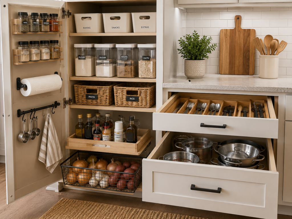 Organized kitchen storage with clear containers, baskets, labeled pantry bins, drawers, and frequently used kitchen essentials.