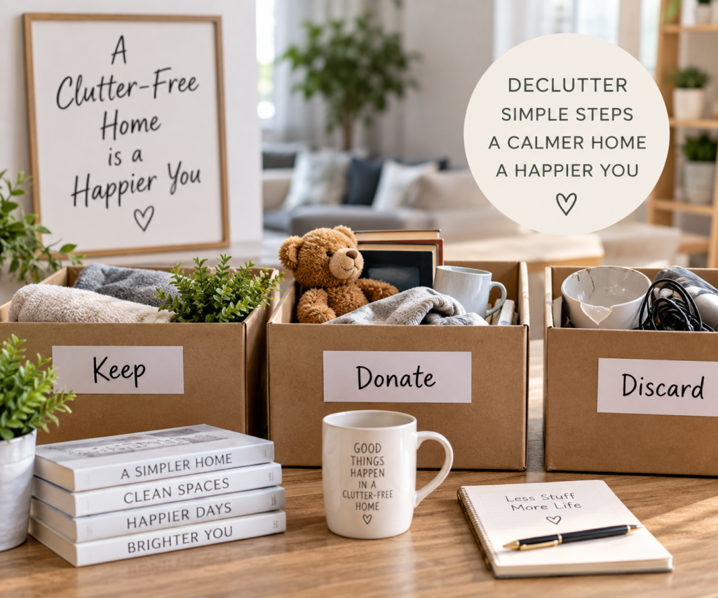 Decluttering boxes labeled Keep, Donate, and Discard in an organized home.