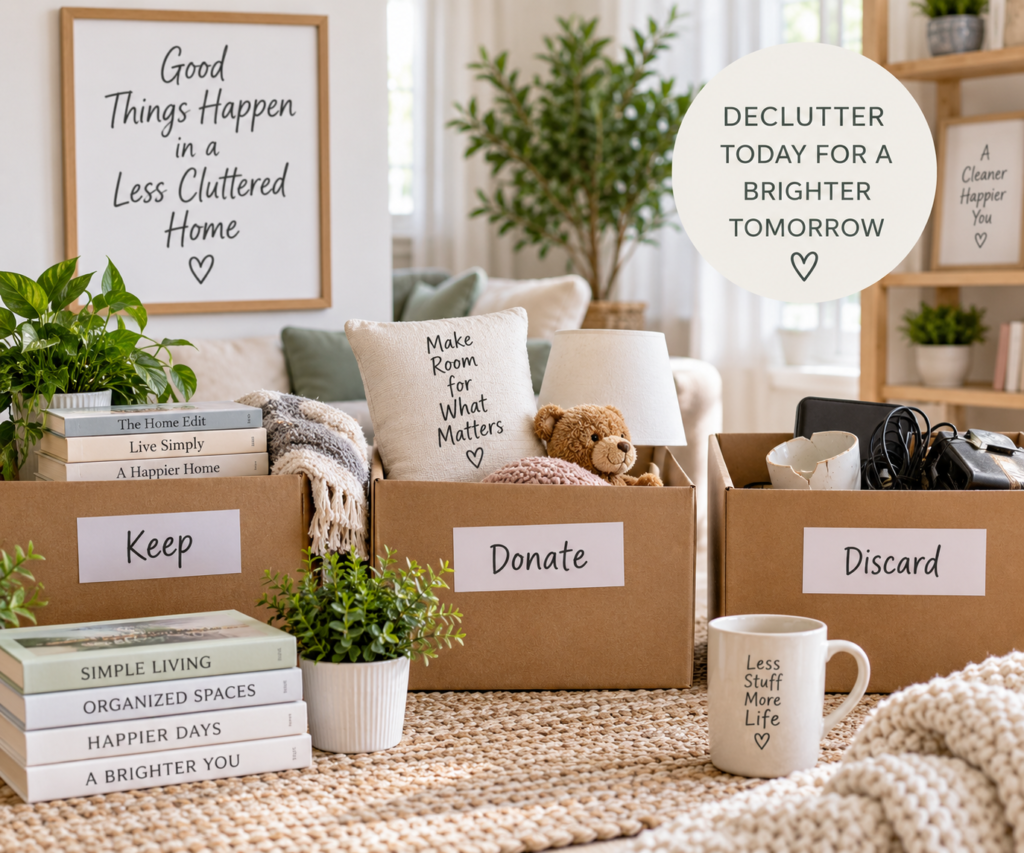 Decluttering boxes labeled Keep, Donate, and Discard in an organized living room.