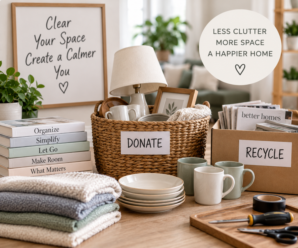 Decluttering household items sorted for donation and recycling in an organized home.